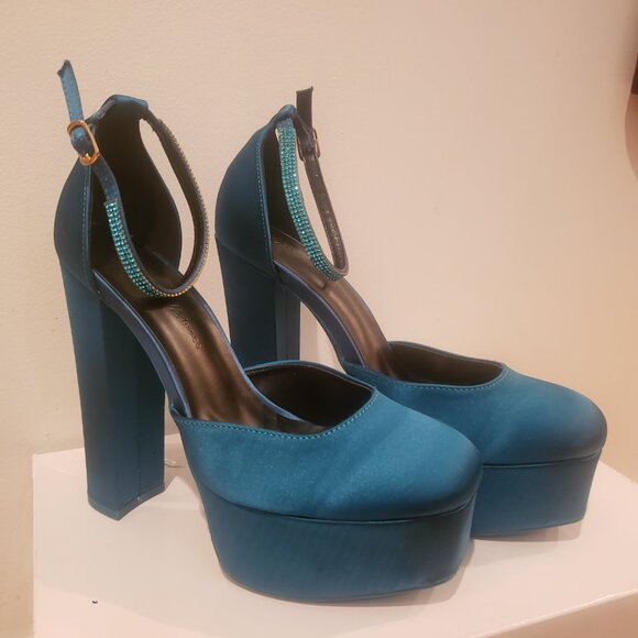 3/$24 Teal Satin Platform Block Heels - Picture 4 of 6
